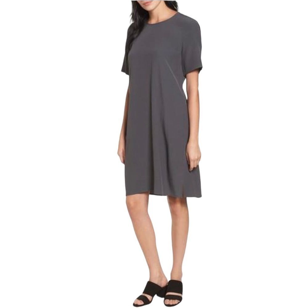 Eileen Fisher Crinkle Crepe Round Neck Short Sleeve Dress Dark Gray Size Medium